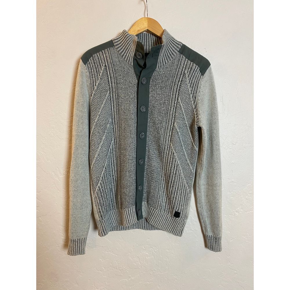 Trash Nouveau Men's Button Up Mock Neck Sweater‎ Gray Black Ribbed Knit Size S